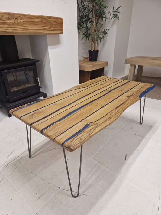 Solid Oak & Resin Coffee Table with Hairpin Legs